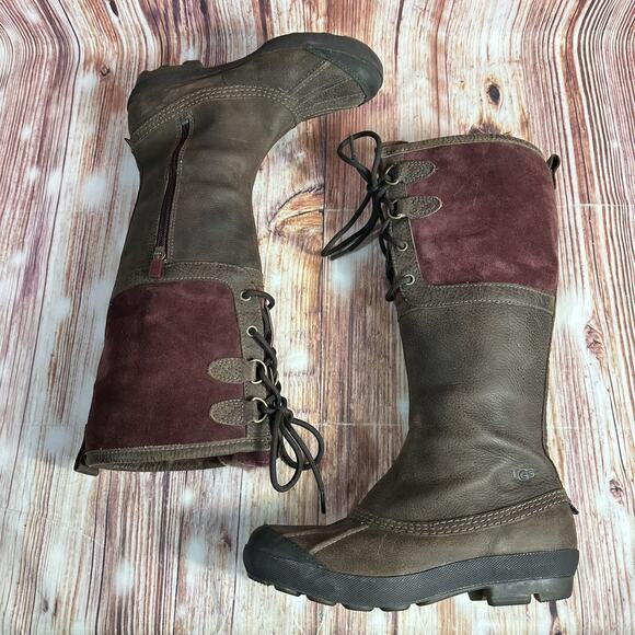 UGG Belcloud Sz 7 Maroon Suede Brown Leather Sheepskin Waterproof Tall Duck Boot - Picture 3 of 9